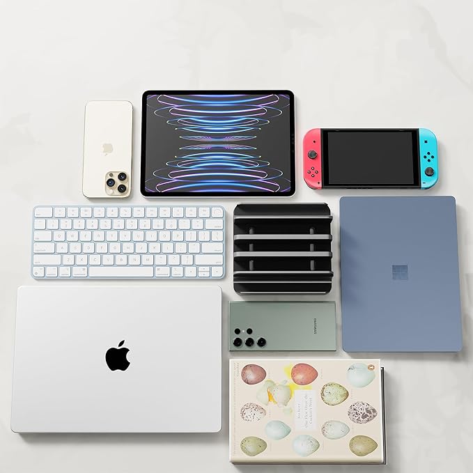 Vertical Laptop Stand Holder 5 Slots, Aluminum Space-Saving Laptop Holder, Adjustable Size Dock Tabletop Desk Organizer 3 Slot + 2 for Apple MacBook/Surface/PC/Tablet/iPad/iPhone (Space Gray)