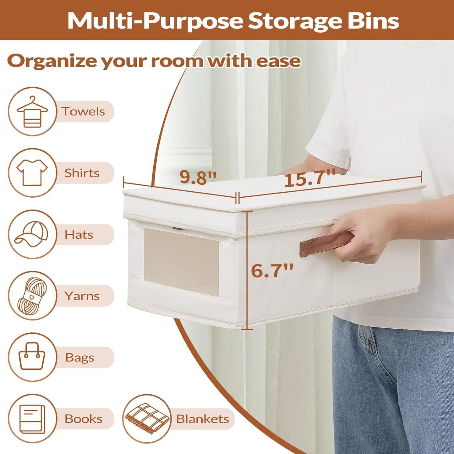 Fabric Storage Bins with Lids, Collapsible Closet Organizer with Sturdy Handles, Clear View Window, Stackable Storage Baskets for Clothes, Towels, Books, Hand Pull Closet Organizer Boxes-2-Pack, Beige