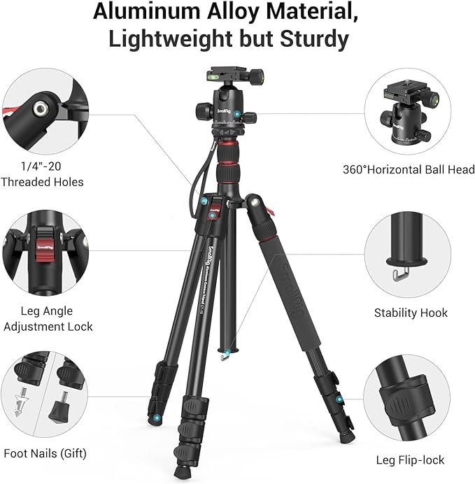 SmallRig Camera Tripod, 71" Foldable Aluminum Tripod/Monopod, 360°Ball Head Detachable, Payload 33lb, Adjustable Height from 16" to 71" for Camera, Phone