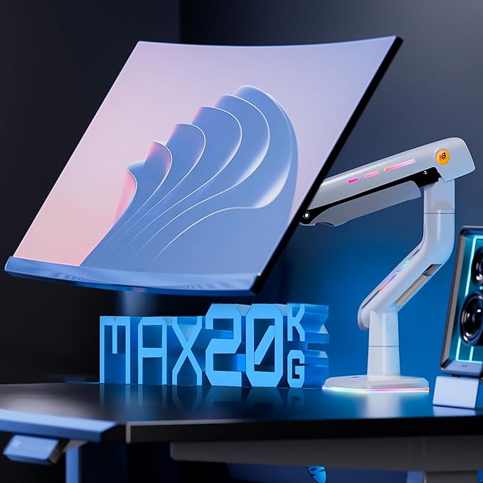 Gaming Monitor Arm for Flat/Ultrawide/Curved Monitors 32 to 60 inch, Heavy Duty Monitor Stand Load up to 20 kg, VESA 75/100 mm Mount (White)