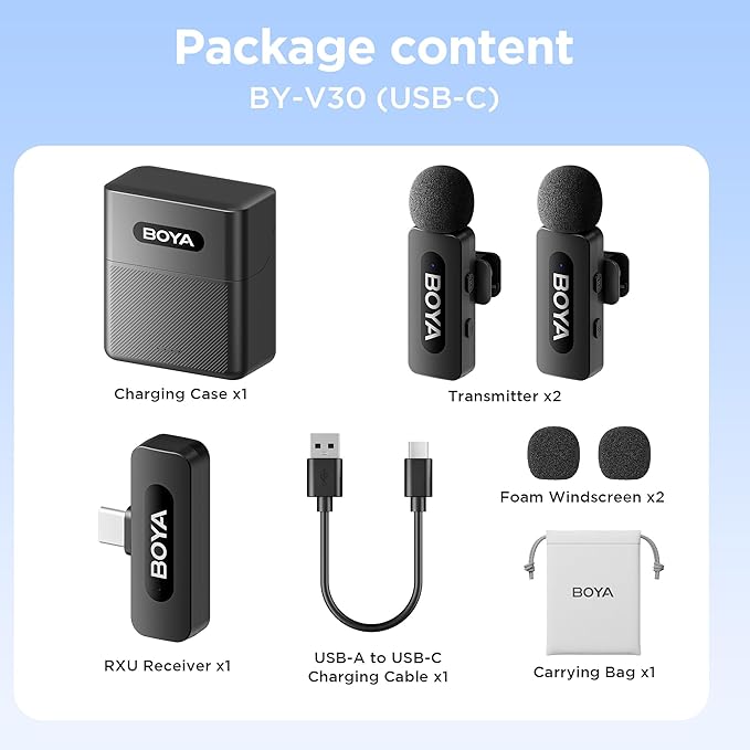 BOYA BY-V30 Wireless Lavalier Microphone,USB Type-C Mini Laple Mics for iPhone16,Android Smartphone,36H Battery,Noise Reduction,328FT Range Clip-on Condenser Mic for YouTube Interview TikTok