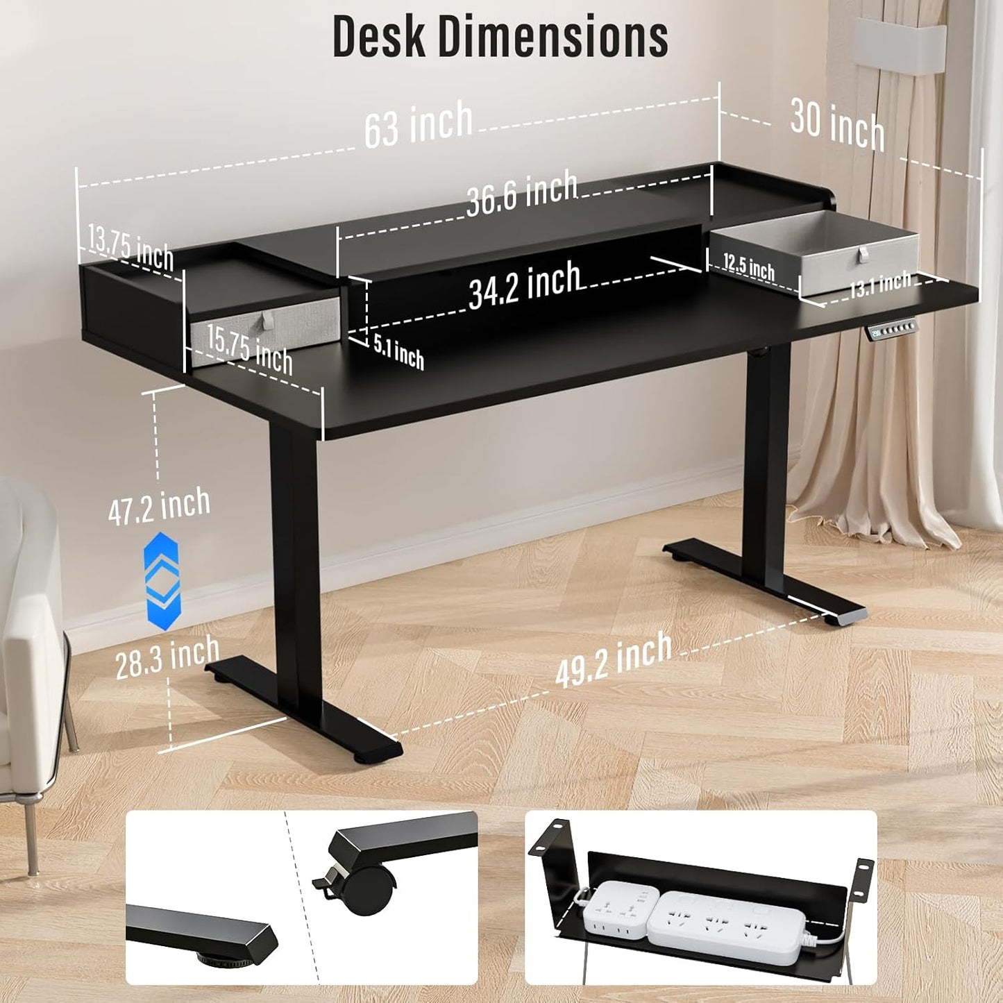 Standing Desk with Drawers,Thickened Table Legs Sit Stand Desk Electric for Home Office & Gaming,Ergonomic Stand Up Desk Cable Management Tray(Classic Black) (Classic Black, 63″ x 30″)