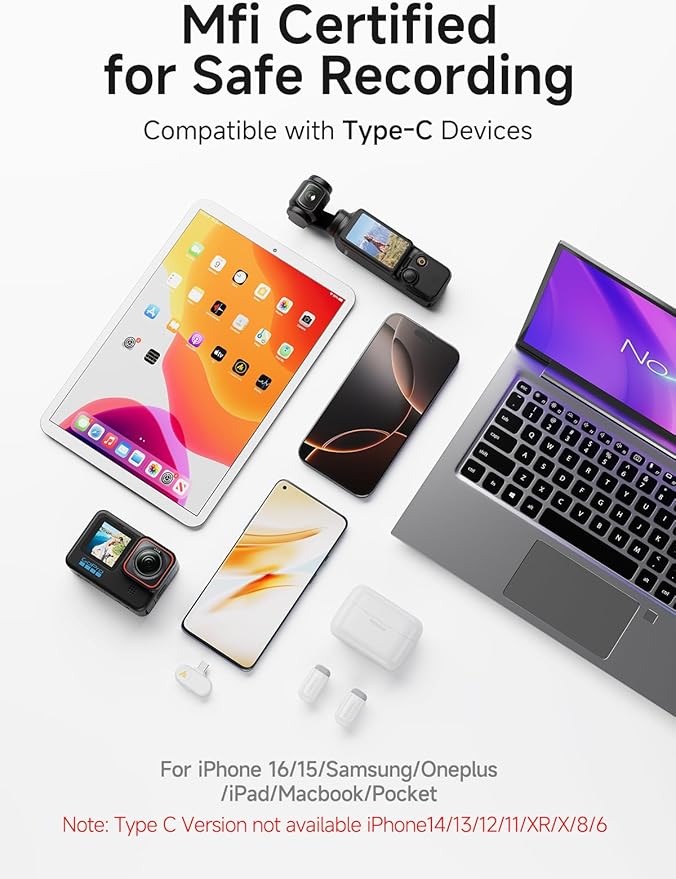 MAONO Wave T1 Mini Wireless Lavalier Microphone for iPhone 16 15 Android Tablet with USB-C Plug, Noise Cancellation, AI Voice Filter, 30H Used with Charging Case for Video Recording TikTok-White