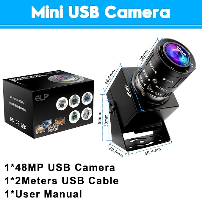 ELP 48MP USB Camera - Manual Zoom Webcam for Computer & Laser Engraver - 3.6-10mm 3X Zoom - UVC USB2.0 Close-up Camera for PC & Jetson Nano, RaspberryPi