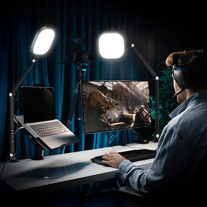 2 Packs Video Conference Light for Computer, 15W LitONES Desk Light for Zoom Calls Meeting with C-Clamp & Metal Swing Arm, Podcast Lighting Kit with Remote, Memory & Timing CRI＞95