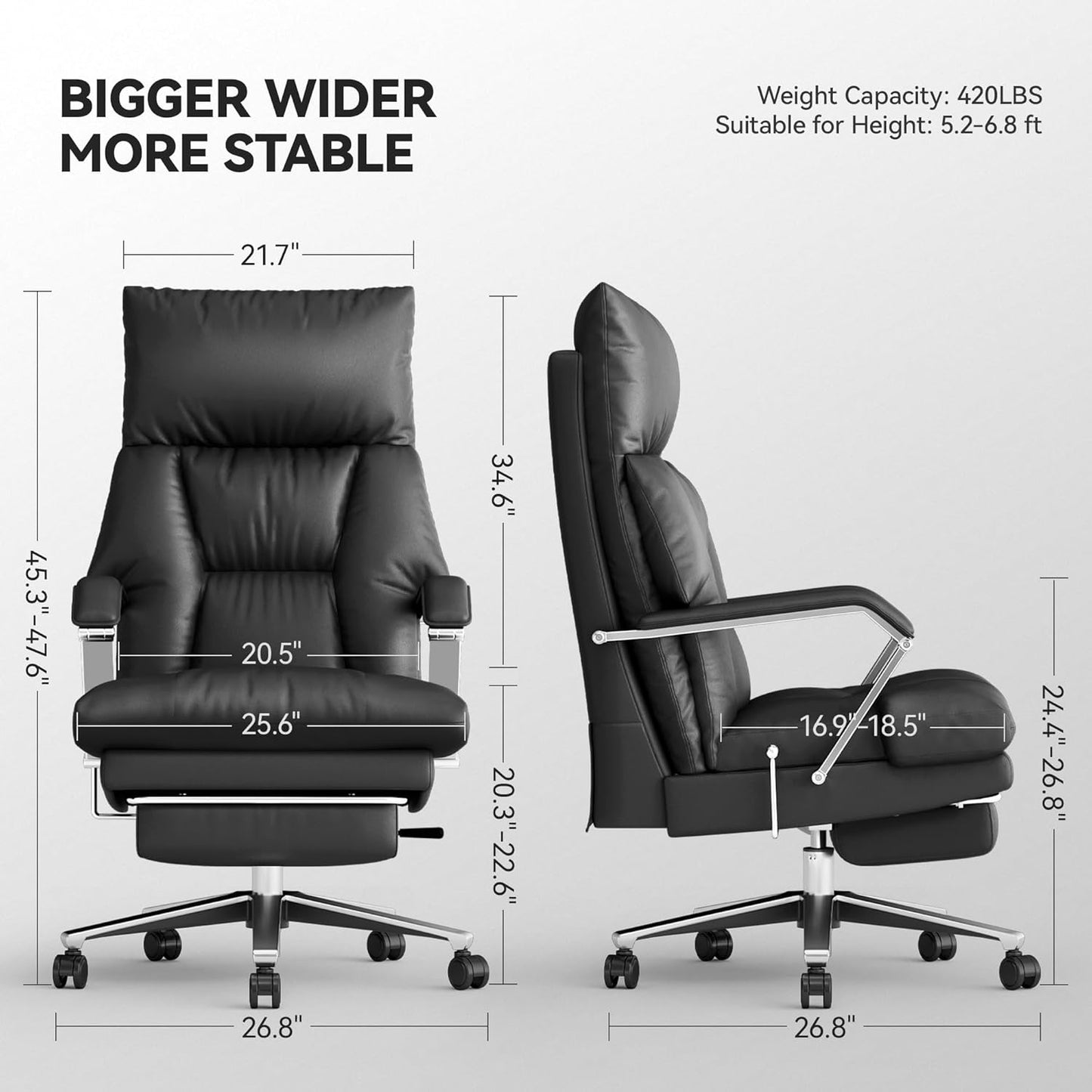 Reclining Office Chair with Footrest - 25.6" Wide Seat & Adjustable Seat Depth, Big and Tall High Back Leather Executive Home Office Desk Chair 400lbs, Black