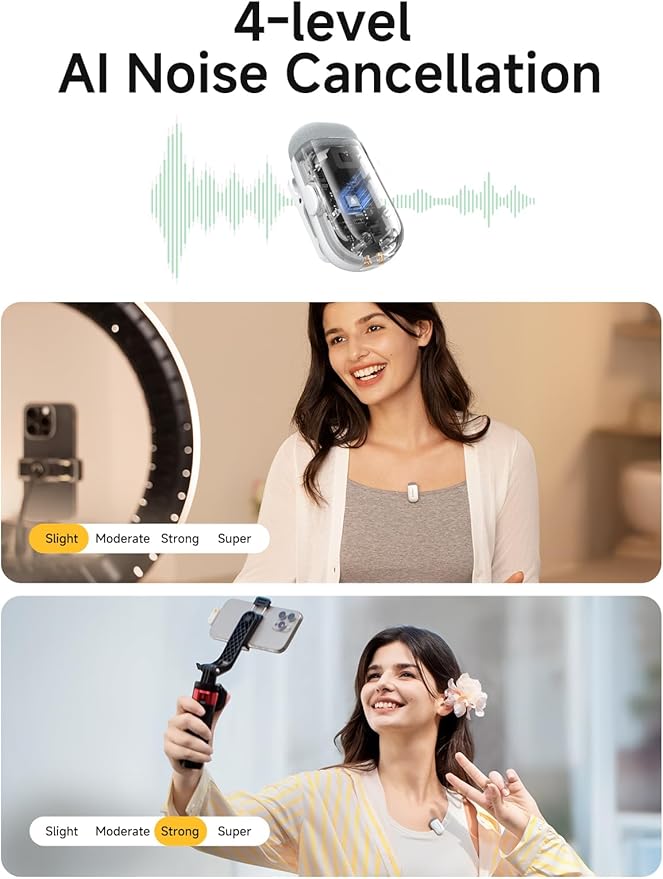 MAONO Wave T1 Mini Wireless Lavalier Microphone for iPhone 16 15 Android Tablet with USB-C Plug, Noise Cancellation, AI Voice Filter, 30H Used with Charging Case for Video Recording TikTok-White