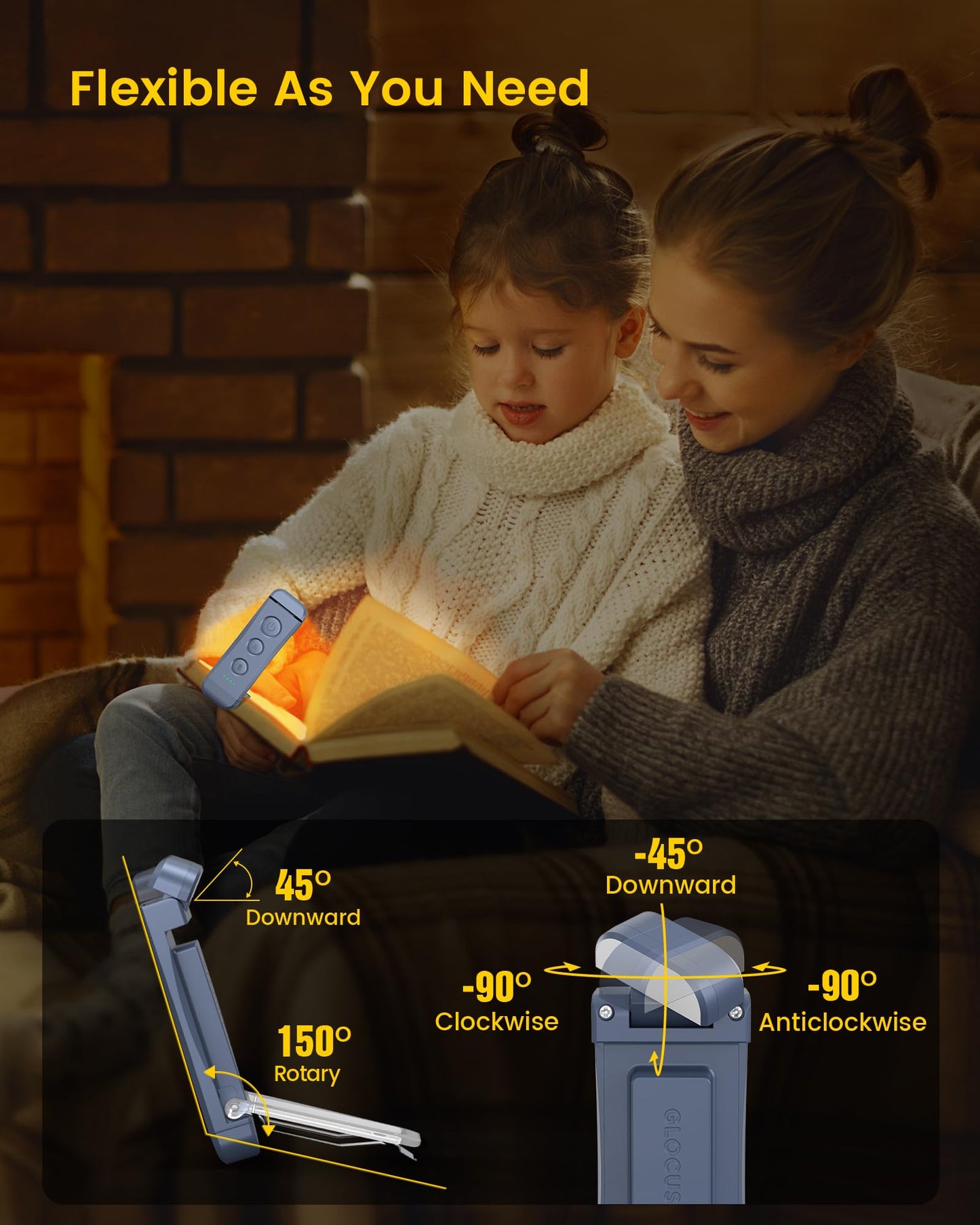 Glocusent USB Rechargeable Book Light for Reading in Bed, Portable Clip-on LED Reading Light, 3 Amber Colors & 5 Brightness Dimmable, Compact & Long Lasting, Perfect for Book Lovers, Kids