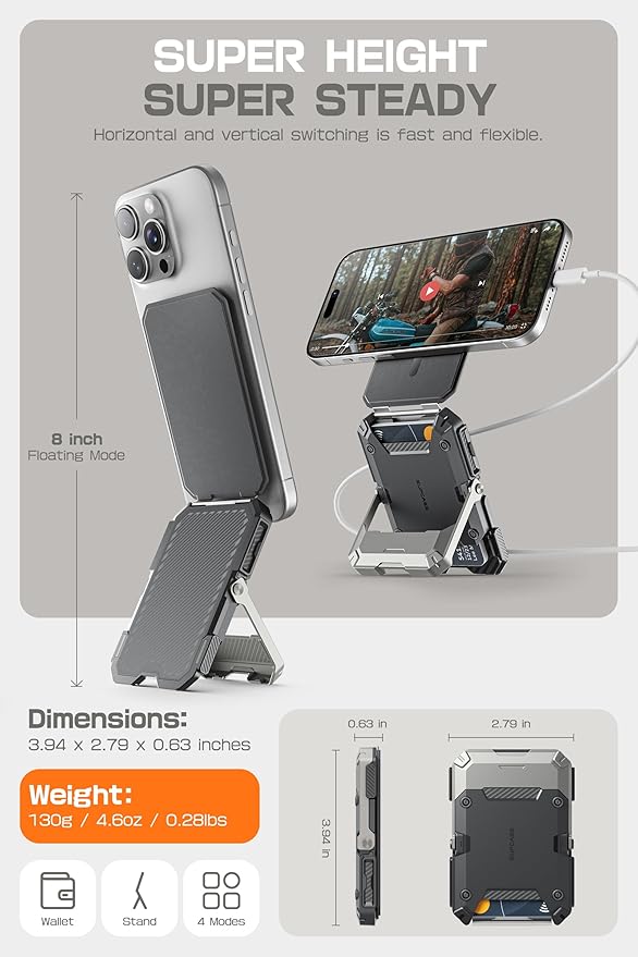 SUPCASE for MagSafe Wallet with Stand, Magnetic Wallet for Men, [Hold 5 Cards] [Adjustable Stand] [RFID Blocking] Phone Stand Credit Card Holder Tripod for iPhone 16/15/14/13/12 Series, Silver