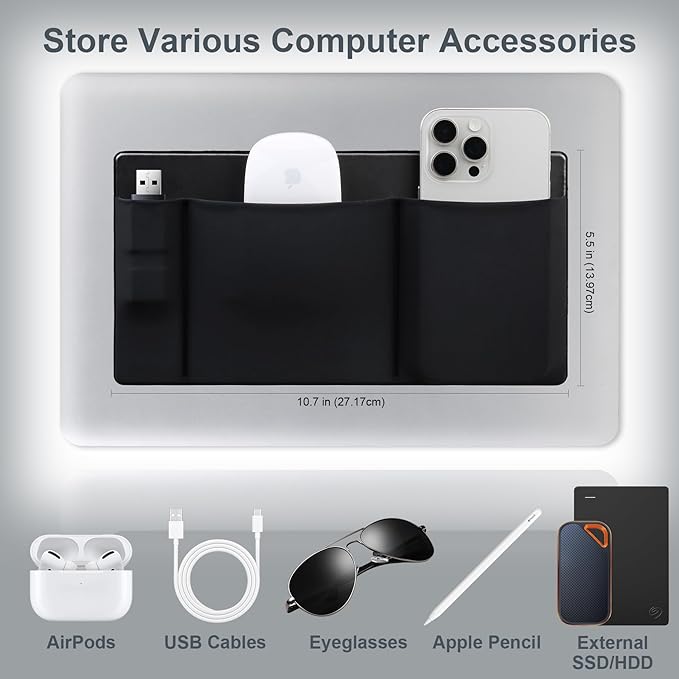 Lacdo 3-Pocket Mouse Holder for Laptop Stick on, External Hard Drive SSD Holder for Laptop, Stick on Pouch Organizer Adhesive Pocket Storage Sleeve for Mouse/HDD/SSD/Cables, Computer Accessories,Black