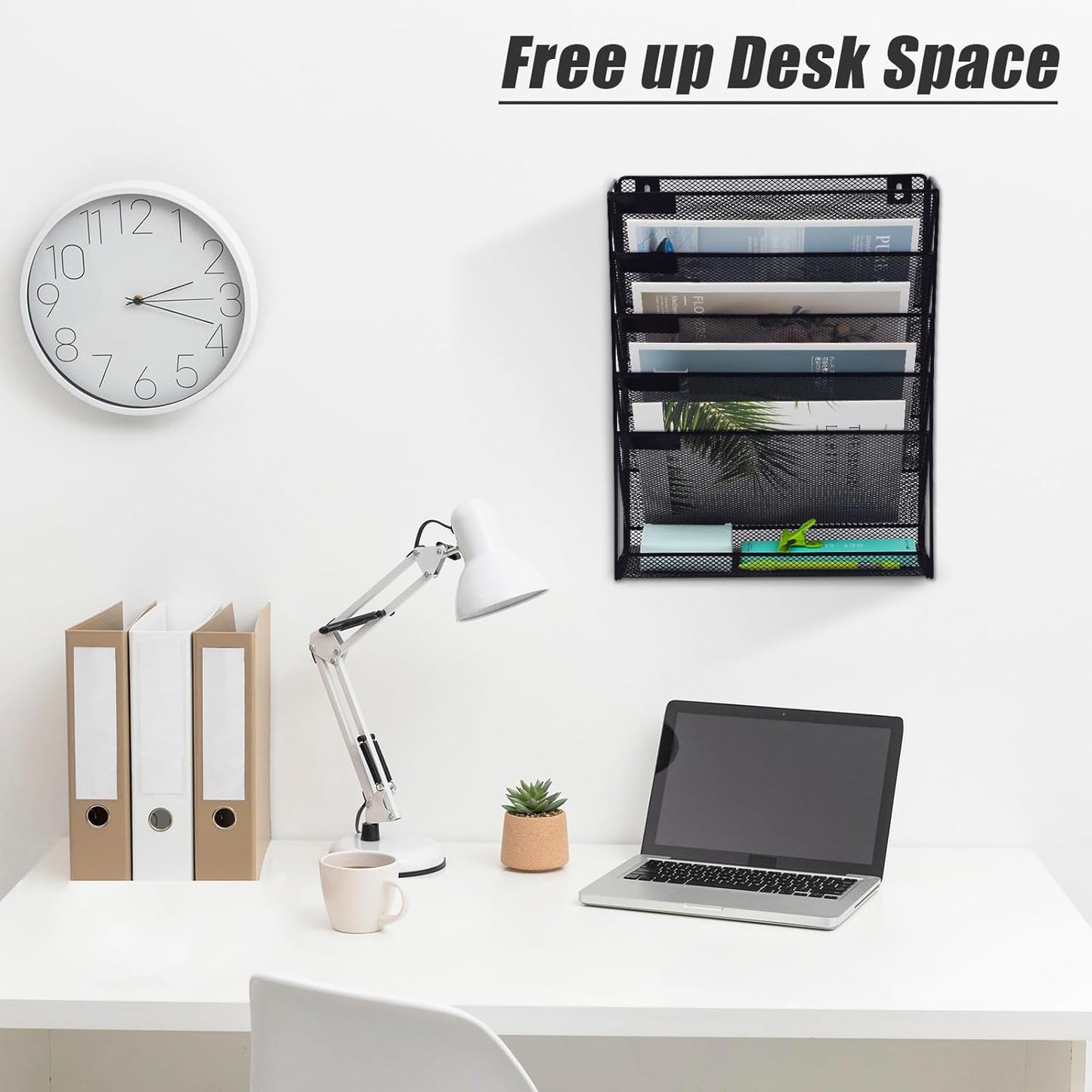 EASEPRES 6 Tier Mesh Hanging Wall File Organizer, Desk Mail Paper Document Folder Holder, Clipboard Storage Organization Magazine Rack with Bottom Tray and Nametag Label for Office Home School, Black