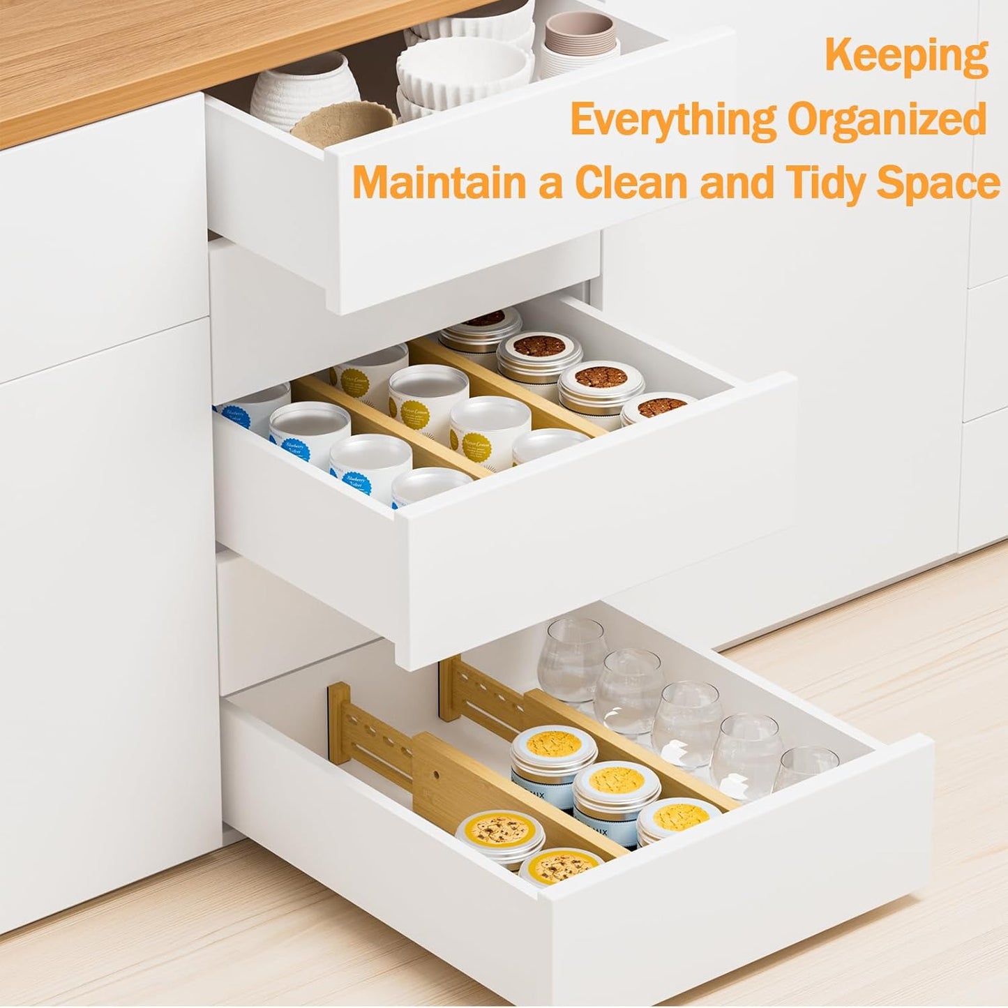 Bamboo Drawer Dividers 4" High, 12.8-18" Adjustable Drawer Organizers for Clothes,Expandable Dresser Separators in Bedroom/Kitchen/Bathroom/Office Organization and Storage,4 Pack