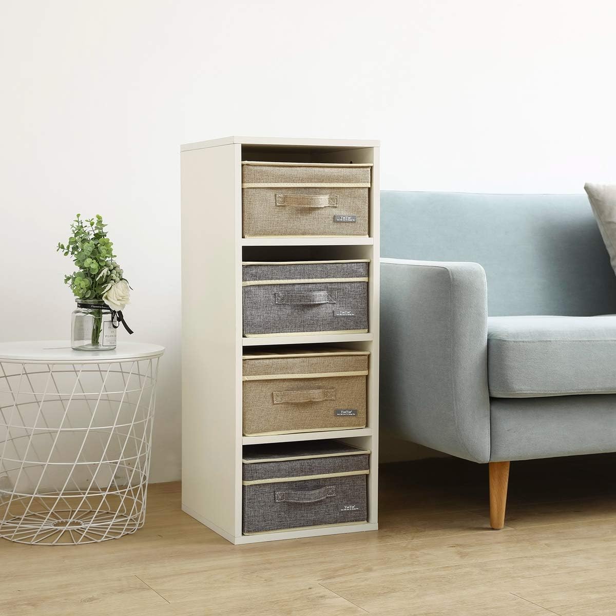 YueYue 4 Pack Small Fabric Storage Box with Lids, Foldable Linen Storage Box with Lids 4 Pieces Gray&Linen Set 12.4in/12in/6.7in