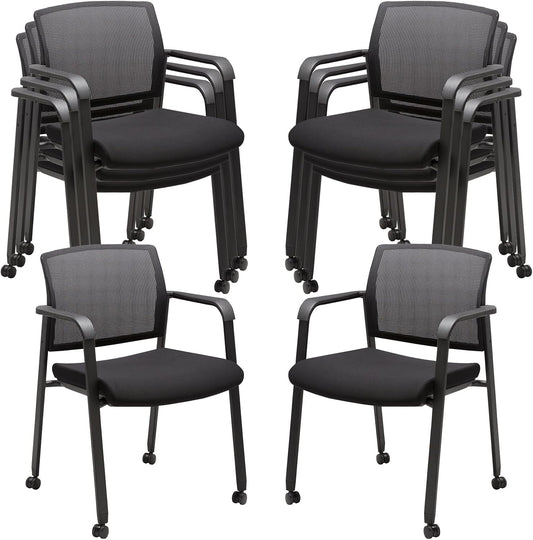 CLATINA Mesh Back Guest Reception Arm Chairs with Wheels, Waiting Room Chairs with Upholstered Fabric Seat and Ergonomic Lumbar Support for Office, 8PK