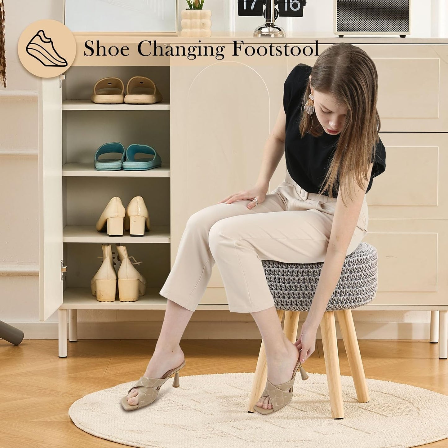 Cotton Knitted Ottoman Round Footstool Vanity Stool Modern Ottoman Footrest Stool with Non-Skid Wood Legs for Living Room Bedroom Grey