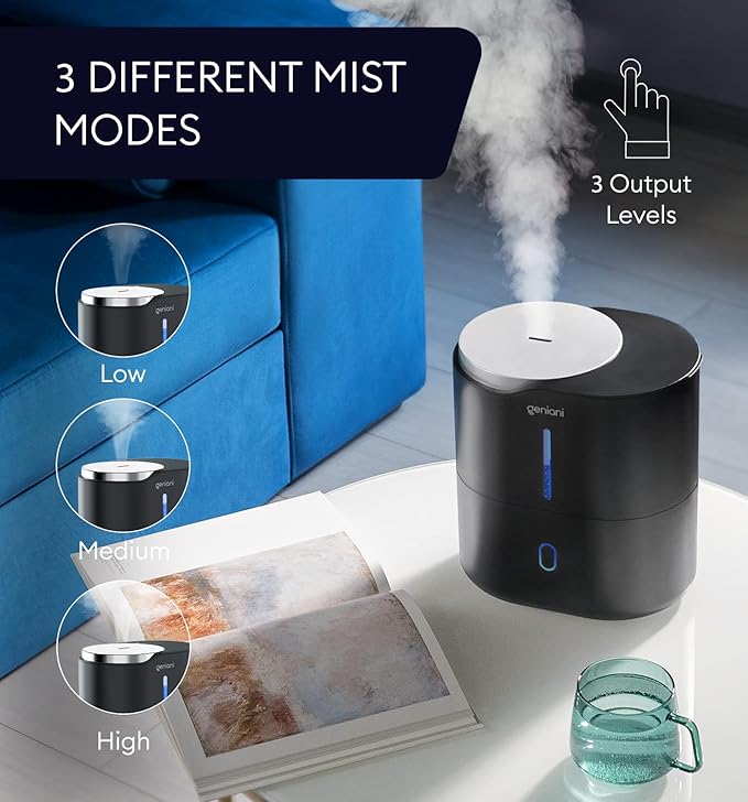 Top Fill Humidifier with Essential Oil Diffuser 2.5L for Home, Baby, Bedroom, Large Room & Indoor Plants, Small Cool Mist Air Humidifiers for Baby, Ultrasonic Quiet, Night Light (Black)