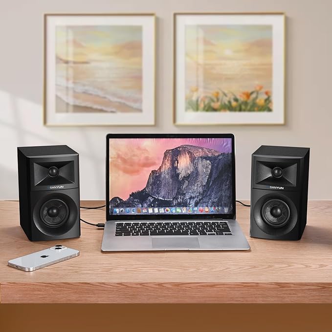 SW203 4.0 Computer Speakers - 60W 4-Way DSP Control 3D Immersive Sound - 3" Carbon Fiber Woofer & 20mm Silk Dome Tweeter - 24bit DAC USB/Bluetooth 5.4/AUX - Studio-Grade Audio (Pair, Black)