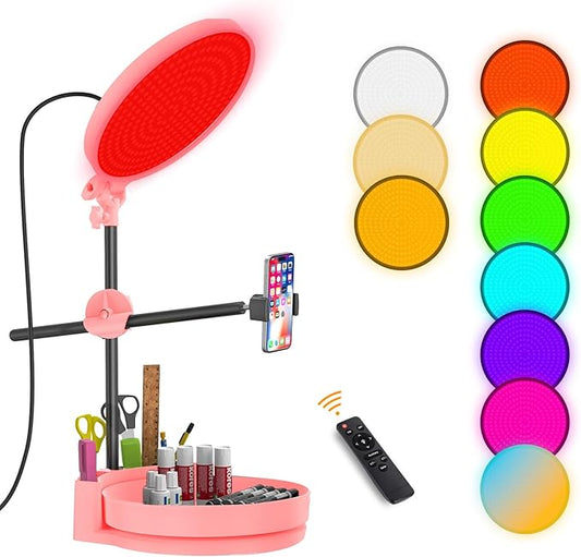 Desk Ring Light with Stand,55W Dimmable Full Screen Ring Light,with Rotating Storage Box,Pen Holder Stand,Phone Holder&Controller (Pink-RGB, 10.5)