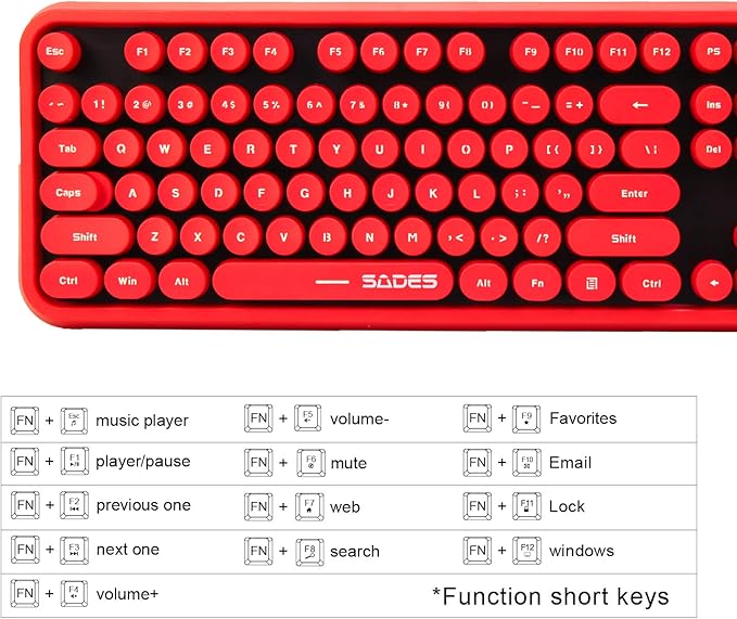 2.4GHz Wireless Typewriter Keyboard with 104 Cute Retro Round Keys, Letton Full Size Wireless Keyboard and Mouse Combo with 3 DPI for Computer Mac PC Laptop-Black/Red