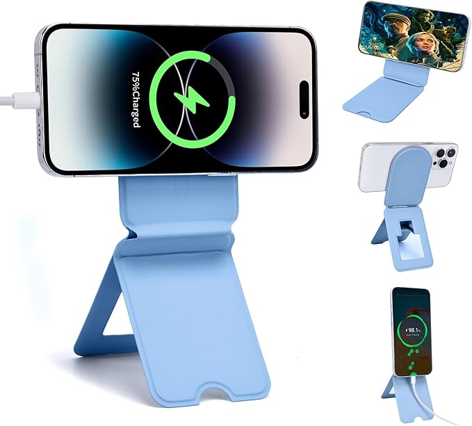 Phone Stand, Magnetic Foldable Phone tripods Stain-Resistant Leather & Angle Adjustment, Multifuctional Strong Magnetic Phone Tripod for iPhone 16/15/14/13/12- (Blue)