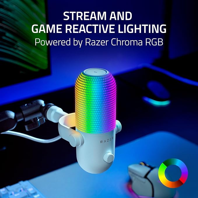 Razer Seiren V3 Chroma RGB USB Microphone: Stream & Game Reactive Lighting - Tap-to-Mute Sensor - Condenser Mic - Digital Gain Limiter & Shock Absorber - PC, Discord, OBS Studio, XSplit - White