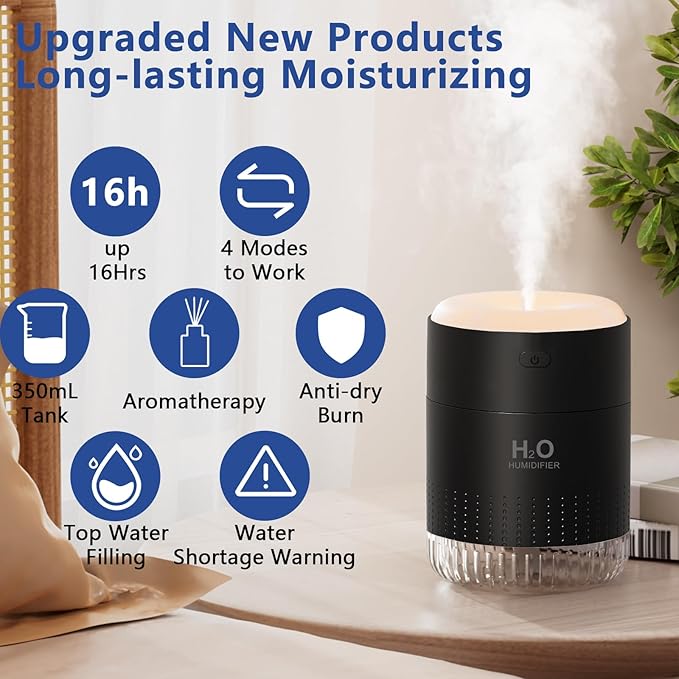 Colorful Mini Humidifier, USB Rechargeable Humidifier, small humidifier, 4 Modes Super Quiet, Humidifiers For Bedroom,Suitable For Travel Office Family Baby Bedroom-Black