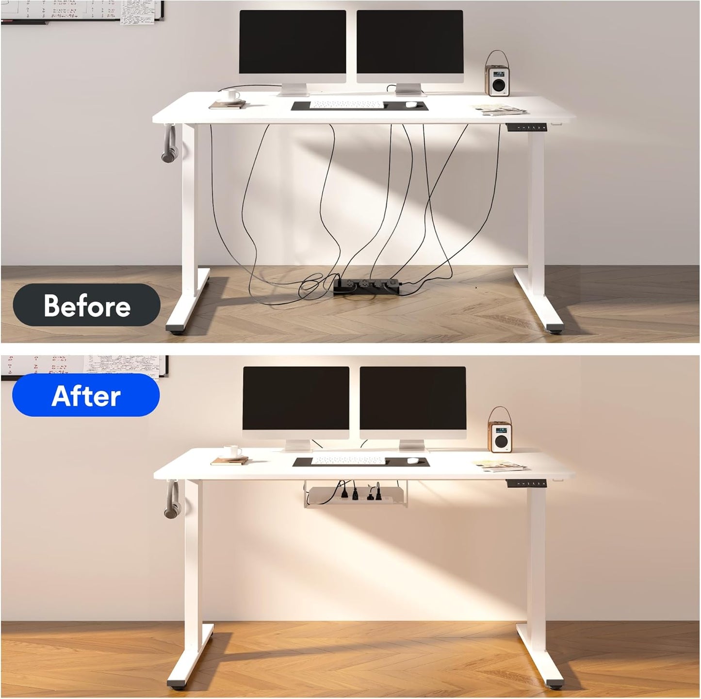 FLEXISPOT EN2 Whole-Piece Standing Desk with Clamp Power Strip, 48x24 Electric Stand Up Height Adjustable Desk with Cable Management (White Frame + 48" White Top)