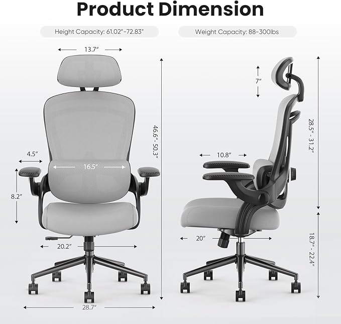 DUMOS Ergonomic Mesh Office Chair - High Back Executive Chair with 2D Headrest & Up&Down Lumbar Support | Adjustable Flip-Up Arms, 330lbs Heavy Duty for Home Office/Gaming (Grey)