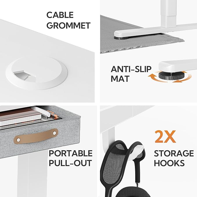Seang Standing Desk with Drawer, 48" x 24" Height Adjustable Stand Up Desk, 3 Memory Height Settings with Cable Grommets & Storage Hooks, Ideal for Home & Office, White