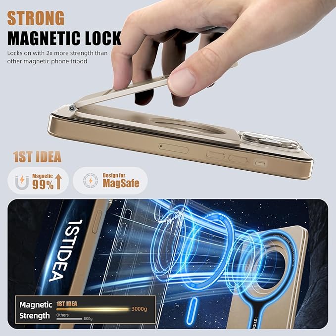 Phone Tripod Stand, Aluminum Alloy Mini Tripod Compatible with Magsafe iPhone 16/15/14/13/12 Series, Foldable Strong Magnetic Phone Stand, Mult-Angle Adjustment Selfie Stick（Desert Gold）