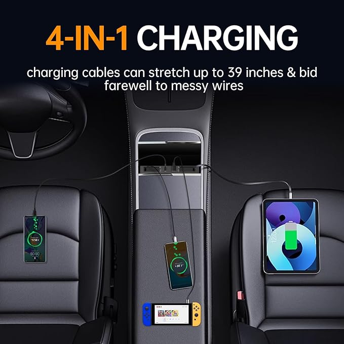 USB Hub for Tesla Model Y Juniper 2025 2026 Model 3 Highland 2024 2025 with Sunken Design, 117W Dual Type-C Retractable Cables 4 in 1 Multi Port Fast Charger Docking Station fit Center Console