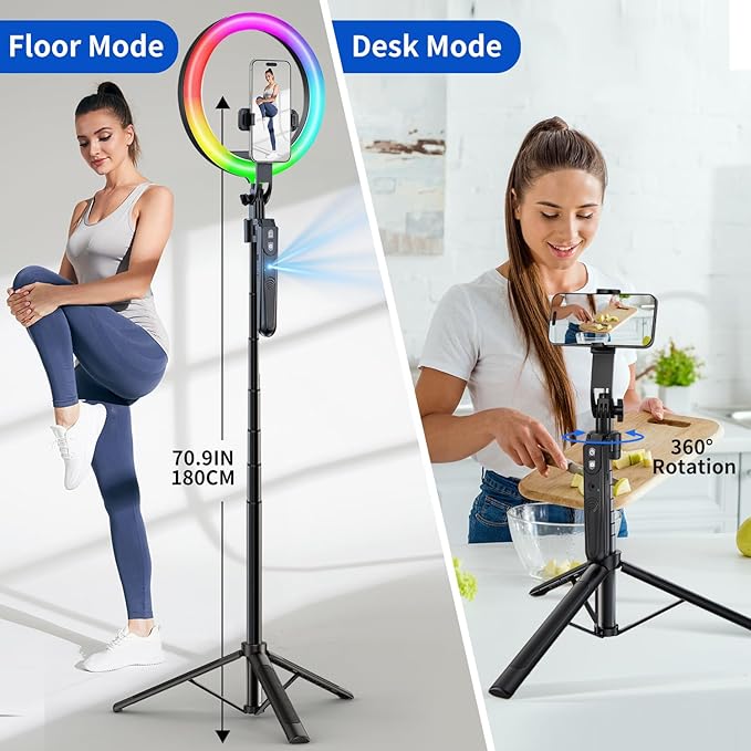 Auto Face Tracking 360 Rotation with 10" RGB Ring Light, Phone Tripod & Selfie Stick with Remote for Cell Phone 4"-7", Motion Sensor for Live Stream Vlog Video Recording