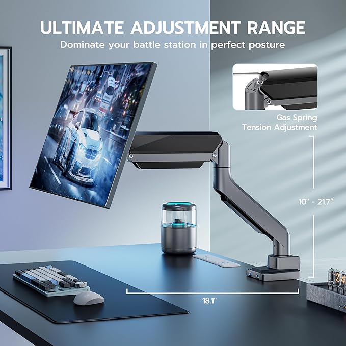 ARES WING Single Monitor Arm, Heavy Duty Adjustable Monitor Arm for 13"-45" Screens with USB, Gas Spring Desk Mount Stand with C Clamp/Grommet Mounting Base up to 40lbs Computer, Gray