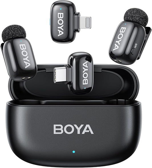 BOYA mini Wireless Microphone for iPhone/Android/PC/Tablets with USB C/Lightning Plug, MFi Certified, Noise Reduction, AI Voice Changer, 30H Battery Life with Charging Case for Video Recording Podcast