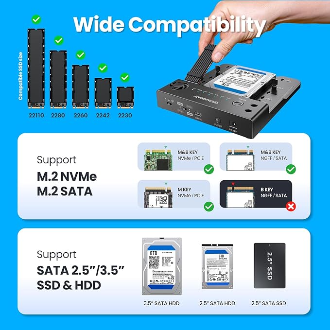 GRAUGEAR M.2 NVMe & SATA SSD/HDD Docking Station, USB-C 10Gbps Clone Station for M.2 PCIe NVMe + SATA 2.5”/3.5” SSD & HDD Converter, Offline Cloning, Tool-Free, Built-in Cooling Fan