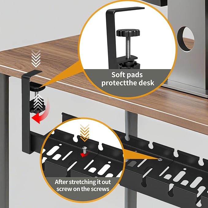 2 Pack Adjustable No Drilling Extendable Under Desk Cable Management Tray with Clamp Mount Heavy Duty Ventilated Design Under Desk Cable Management Tray for Office Home Desktop Wire Organization