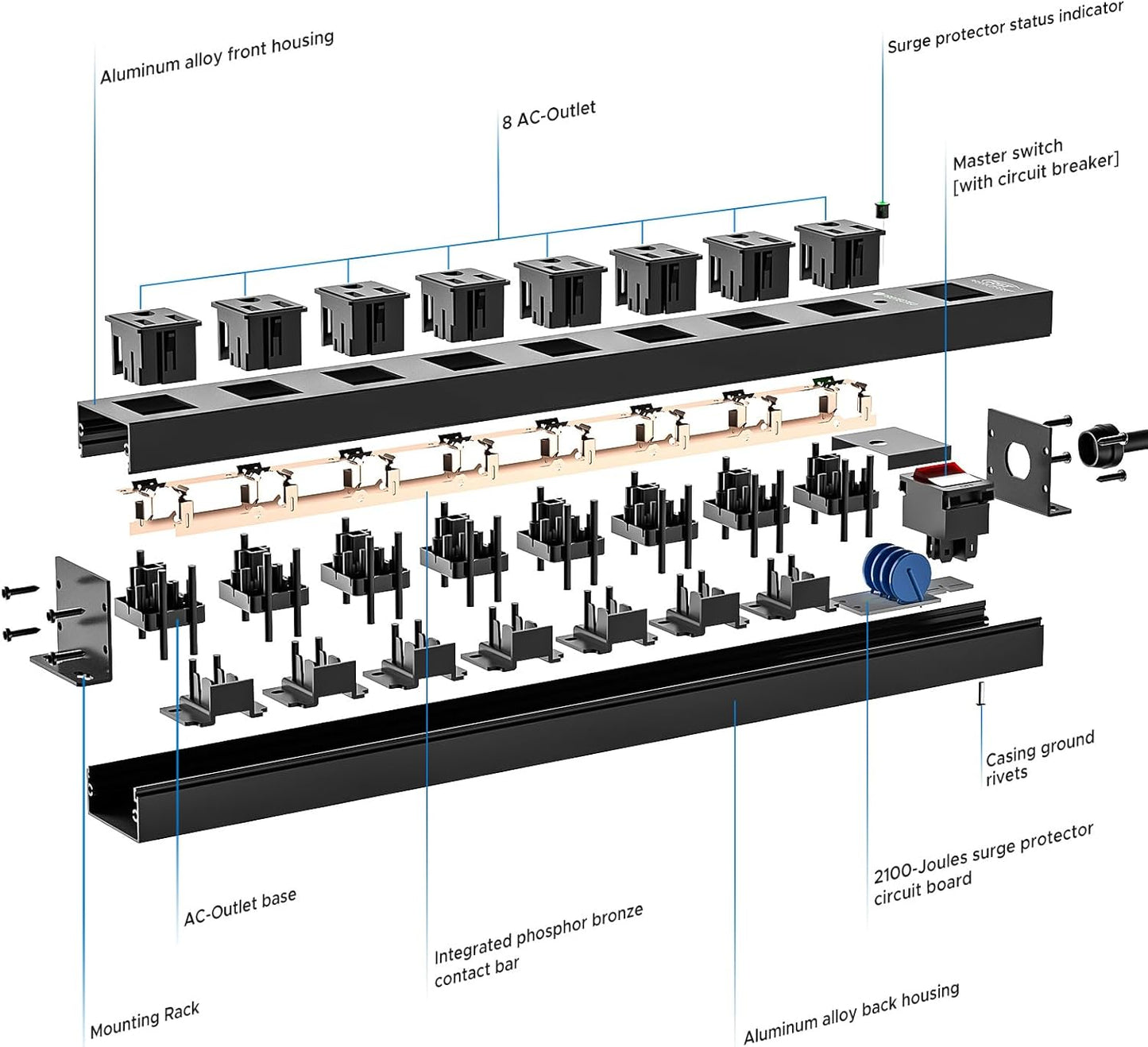 CRST 2 Pack 8 Outlet Metal Heavy Duty Power Strip with Switch, 2100J Surge Protector, Mountable Wide Spaced Power Strip, 6 FT 14AWG, 15A/1875W