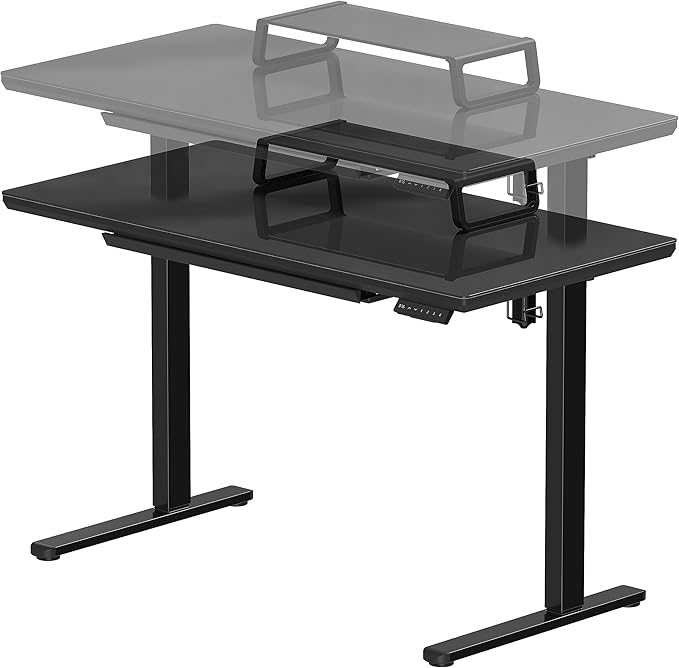 SHW 48x24 Glass Electric Height Adjustable Standing Desk – Motorized Sit Stand Desk with Monitor Riser, Pull-Out Drawer, Memory Presets, Black