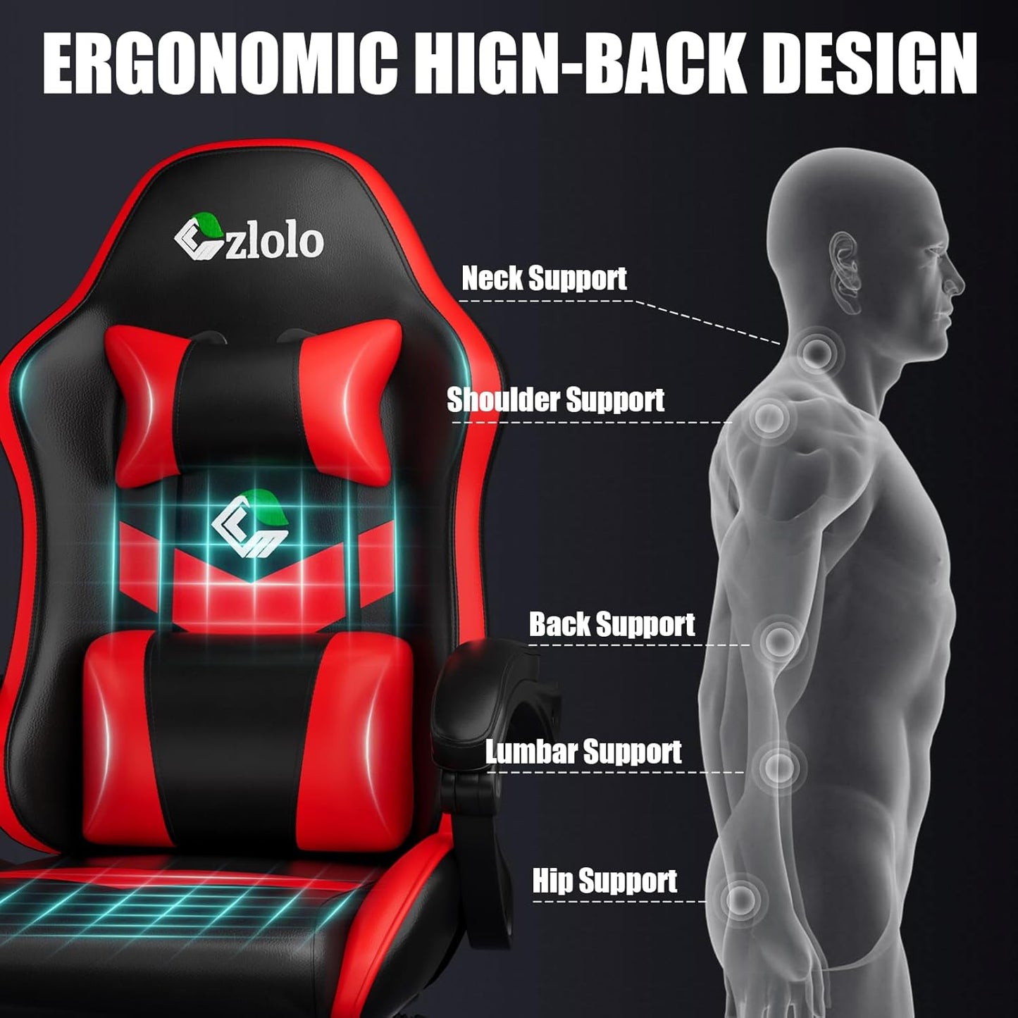 Gaming Chair, Ergonomic Office Computer Chair with Footrest and Lumbar Support Massager Racing Style High Back Video Gamer Chair, Wide＆Thick Cushion, 90°-135° Recline, Adjustable Height, Red