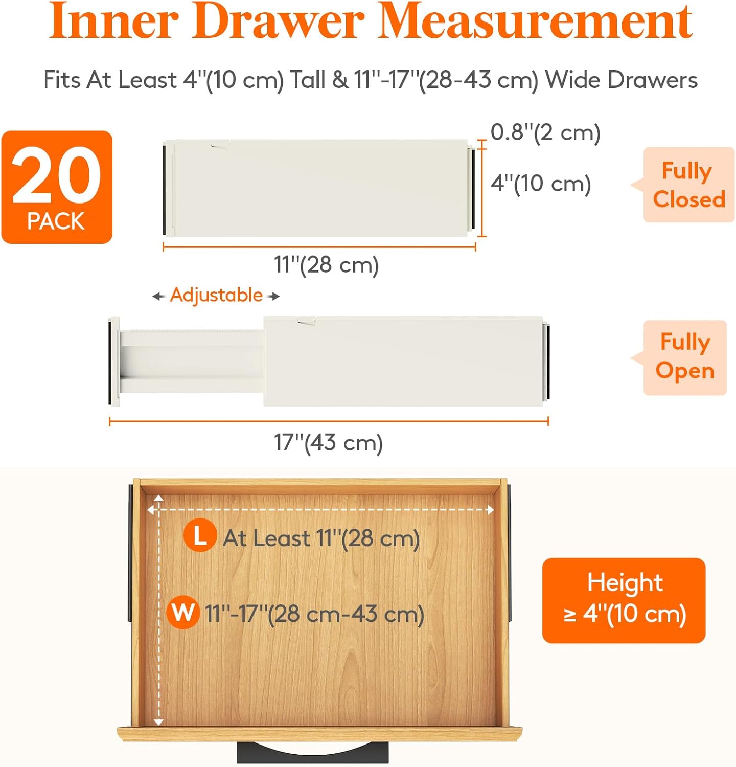 Lifewit 20 Pack Drawer Dividers 4" High, 11-17" Adjustable Dresser Drawer Organizers for Clothes, Expandable Dresser Separators in Bedroom/Bathroom/Kitchen/Vanity/Office Organization and Storage,Beige