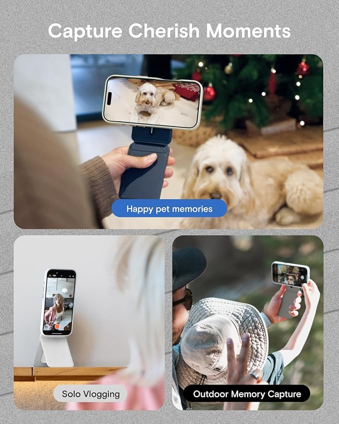 MOFT Phone Tripod Stand Selfie Stick for iPhone, Multi-Angles iPhone Stand, Lightweight & Portable Phone Holder, Strong Magnets, MOVAS Vegan Leather, Travel Essentials, Cement (Without Card Slot)