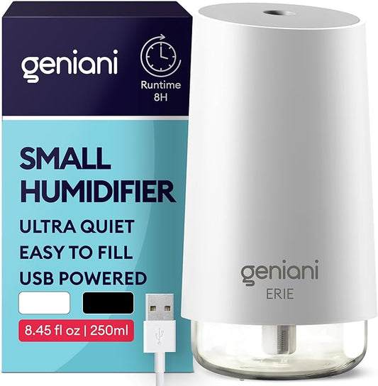 GENIANI Portable Cool Mist Humidifiers for Bedroom & Office - Ultrasonic Humidifier for Home, Baby, Small Room with Auto Shut Off, 250ML Easy to Clean Water Tank