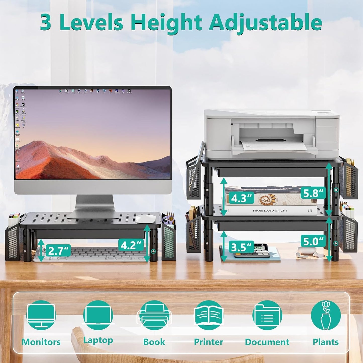 WALI Dual Monitor Stand with Storage, Desk Organizer with Drawer and Pen Holder, Desk Monitor Riser 3 Height Adjustable, Laptop Riser for Computer, Laptop, Printer (STT003DH-2B), 2 Pack, Black