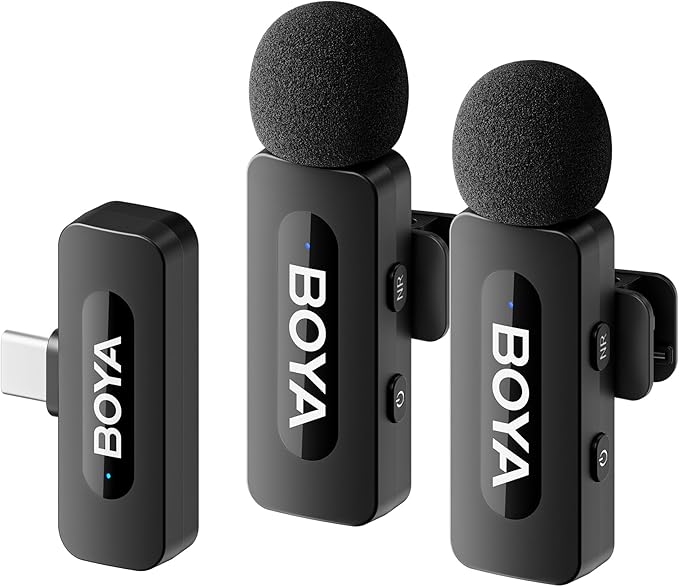 BOYA BY-V20 USB-C Wireless Microphone for Android Type-C,iPhone 16/15,328FT Los Range,9H Battery,Noise Reduction Mini Wireless Lavalier Lapel Mics for Interview YouTube TikTok(2TX+1RX)