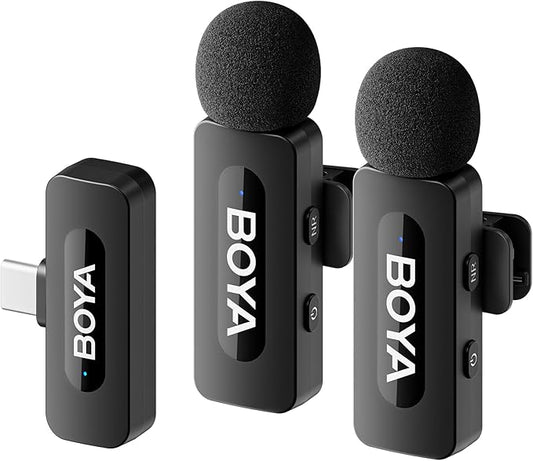 BOYA BY-V20 USB-C Wireless Microphone for Android Type-C,iPhone 16/15,328FT Los Range,9H Battery,Noise Reduction Mini Wireless Lavalier Lapel Mics for Interview YouTube TikTok(2TX+1RX)