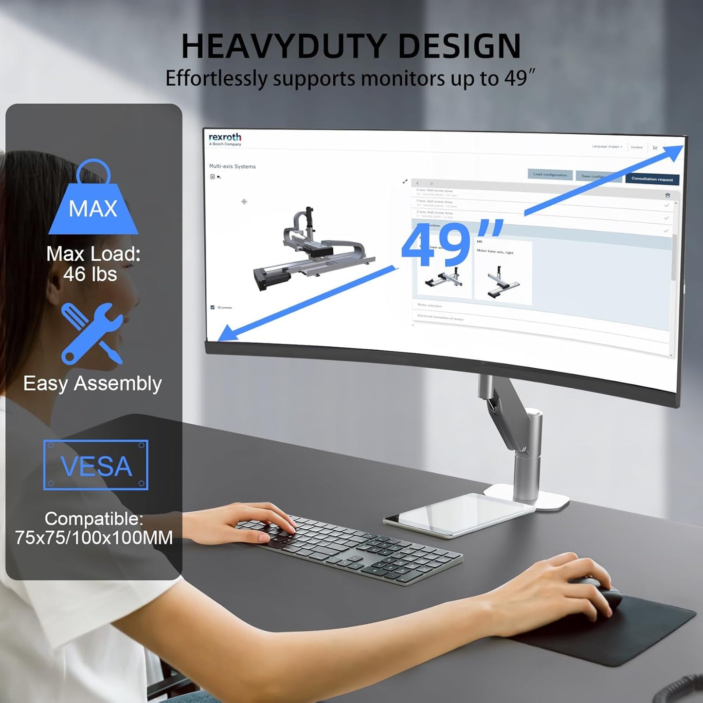 Suptek Ultrawide Monitor Arm Mount for 17 to 49 Inch Heavy Duty Curved Screen,Holds 46.2 lbs,Adjustable Gas Spring Monitor Arm Desk Mount Stand,75/100 Vesa Mount,Silver(MD71LS)