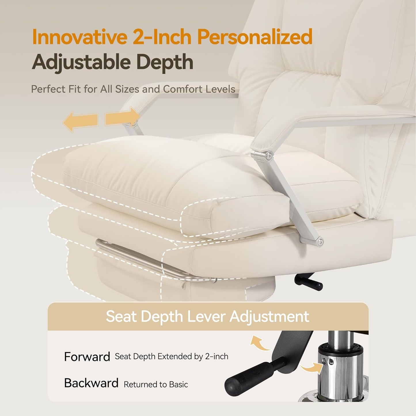 Reclining Office Chair with Footrest - 25.6" Wide Seat & Adjustable Seat Depth, Big and Tall High Back Leather Executive Home Office Desk Chair 400lbs, Cream