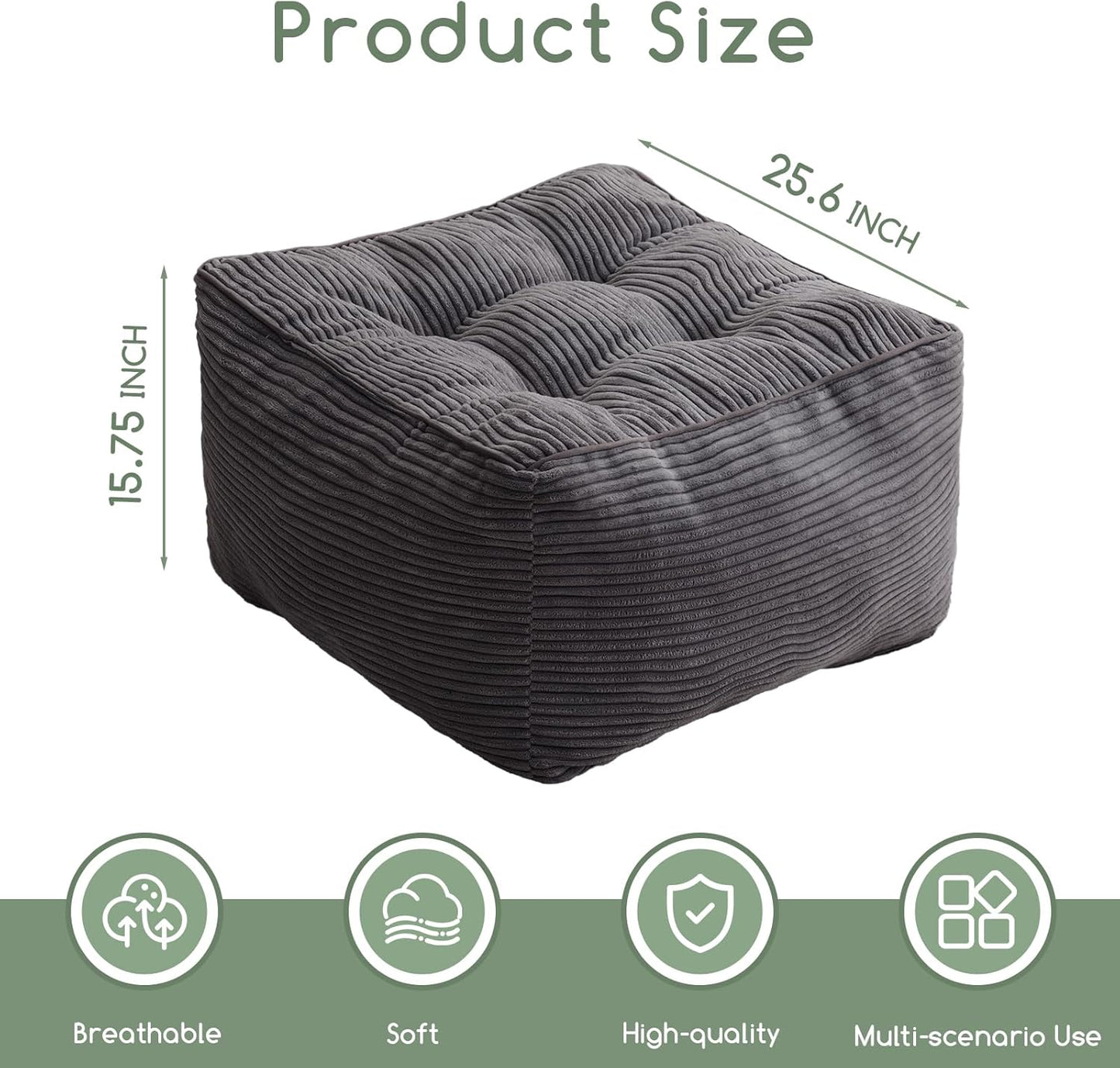 HIGOGOGO Square Stuffed Pouf Ottoman, Corduroy Poufs with Foam Chunk Filling, Furry and Fluffy Pouf Foot Stool Storage Ottoman, 25.6 X 25.6 Floor Poufs Foot Rest for Living Room, Dark Grey