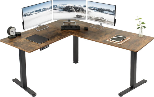 VIVO Electric Corner L-Shaped 63 x 55 in Rustic Standing Desk, Memory Height Adjustment, Vintage Brown Top Black Frame, DESK-E3CTN