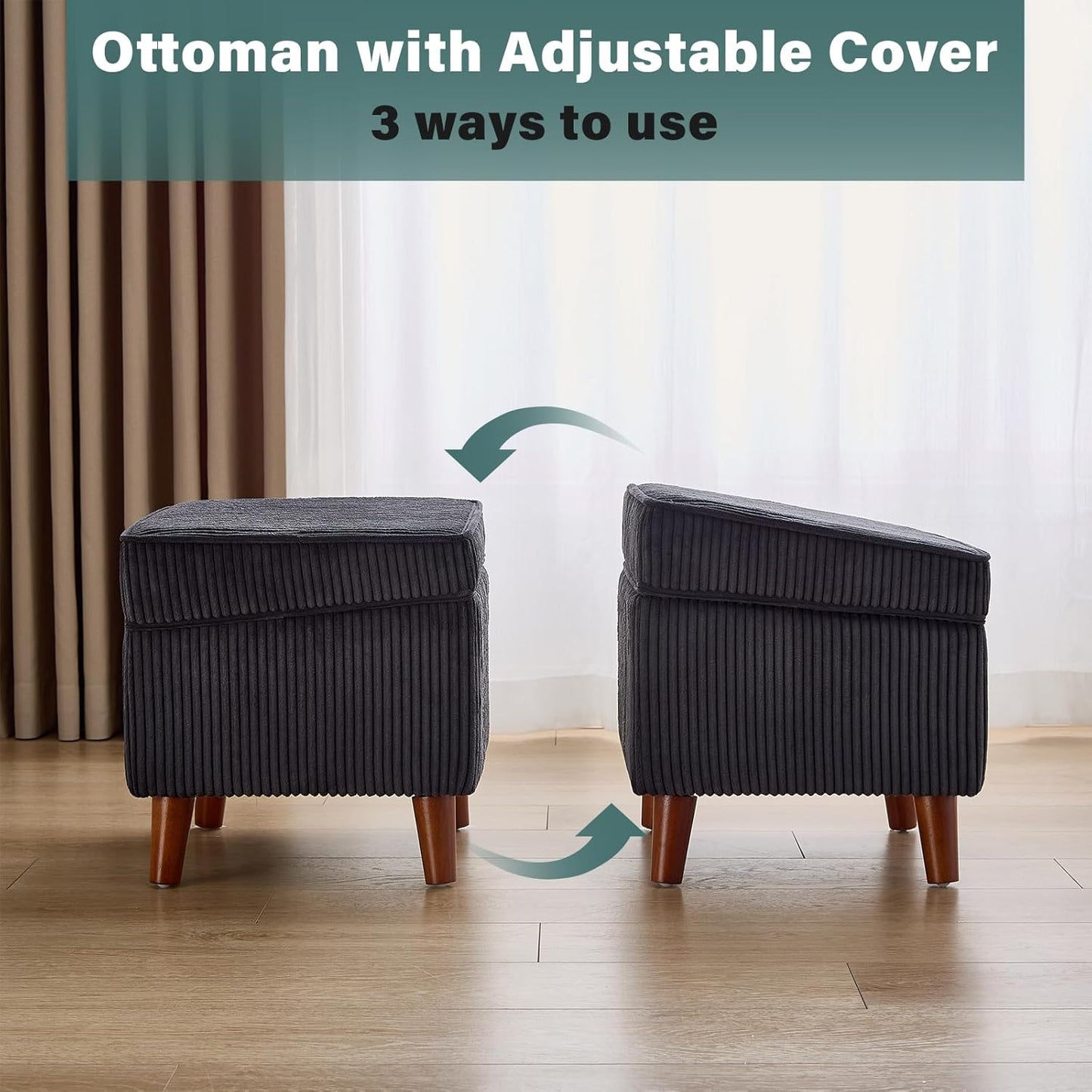 Storage Ottoman with Adjustable Lid, Soft Step Stool, Footrest and Seat, Ottoman Foot Rest for Living Room, Bedroom, Dorm, Dark Gray